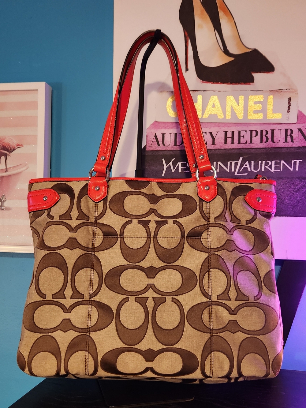 Coach Daisy Outline Signature Canvas Tote with Orange Trim EUC - Picture 8 of 10